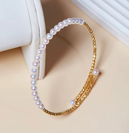 K18YG あこや真珠 彩凛珠 バングル 弾力ワイヤー 18K アコヤ真珠 3-4mm パール オープンバングル ブレスレット カットボール