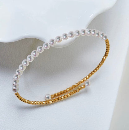 K18YG あこや真珠 彩凛珠 バングル 弾力ワイヤー 18K アコヤ真珠 3-4mm パール オープンバングル ブレスレット カットボール