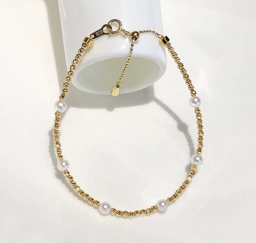 K18YG あこや真珠 ブレスレット ステーションブレスレット 18K アコヤ イエローゴールド スライド式アジャスターチェーン パール