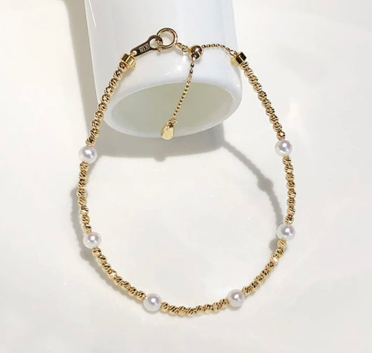 K18YG あこや真珠 ブレスレット ステーションブレスレット 18K アコヤ イエローゴールド スライド式アジャスターチェーン パール