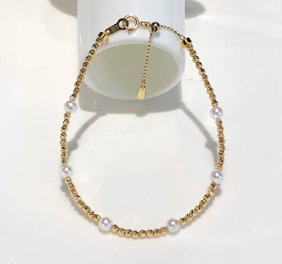 K18YG あこや真珠 ブレスレット ステーションブレスレット 18K アコヤ イエローゴールド スライド式アジャスターチェーン パール