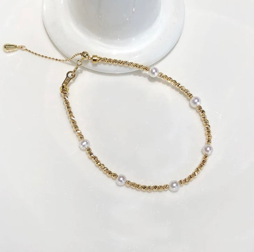 K18YG あこや真珠 ブレスレット ステーションブレスレット 18K アコヤ イエローゴールド スライド式アジャスターチェーン パール