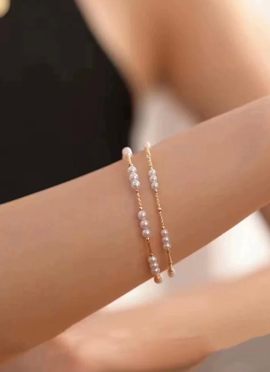 K18YG あこや真珠 ステーションブレスレット 3連 18K アコヤ イエローゴールド スライド式アジャスター ボールチェーン ハートチャーム