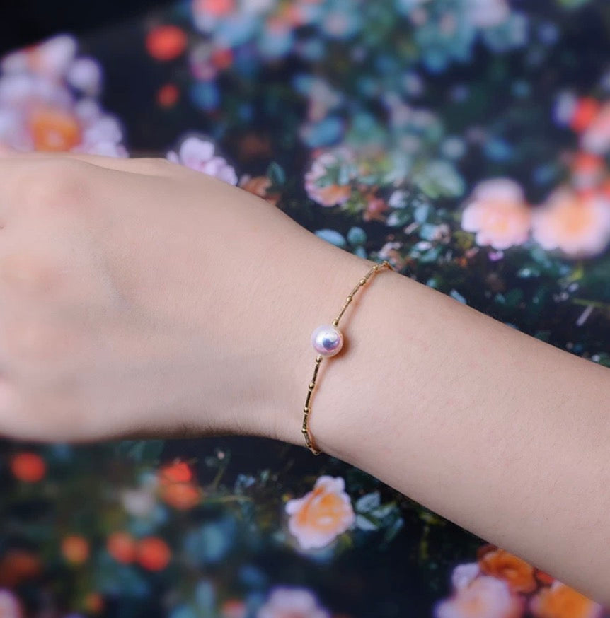 K18YG あこや真珠 花珠 ワイヤーブレスレット 弾力 バングル 18K アコヤ イエローゴールド スライド式アジャスター ハートチャーム