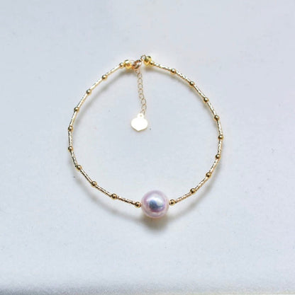 K18YG あこや真珠 花珠 ワイヤーブレスレット 弾力 バングル 18K アコヤ イエローゴールド スライド式アジャスター ハートチャーム