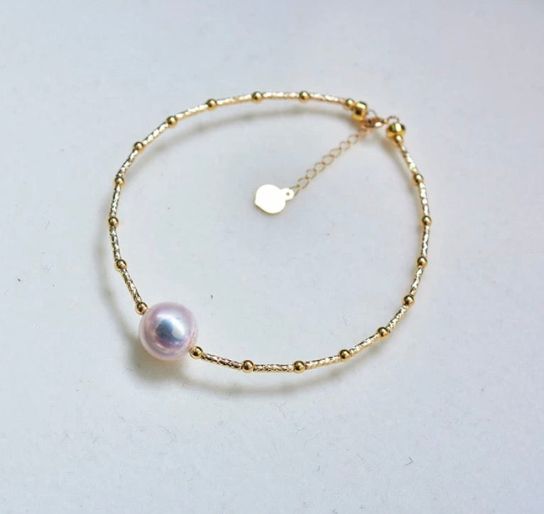 K18YG あこや真珠 花珠 ワイヤーブレスレット 弾力 バングル 18K アコヤ イエローゴールド スライド式アジャスター ハートチャーム
