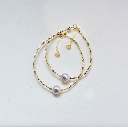 K18YG あこや真珠 花珠 ワイヤーブレスレット 弾力 バングル 18K アコヤ イエローゴールド スライド式アジャスター ハートチャーム