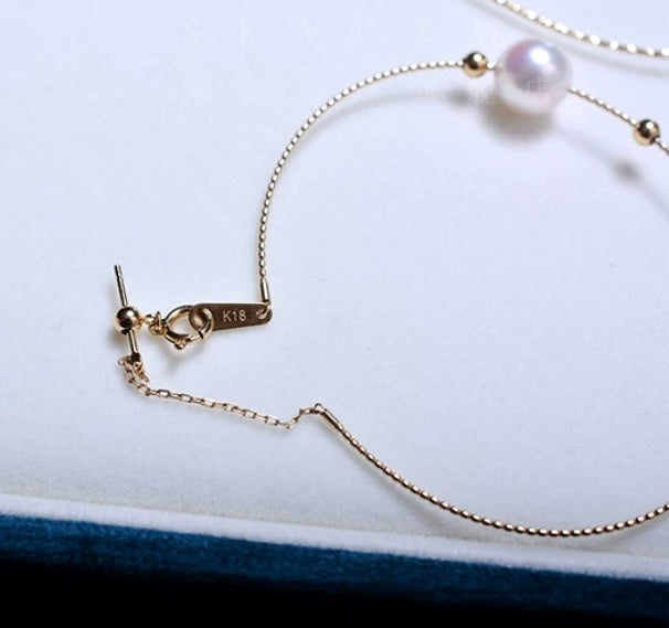 K18YG あこや真珠 天女 ワイヤーブレスレット 弾力 バングル 18K アコヤ イエローゴールド スライド式アジャスター 一粒