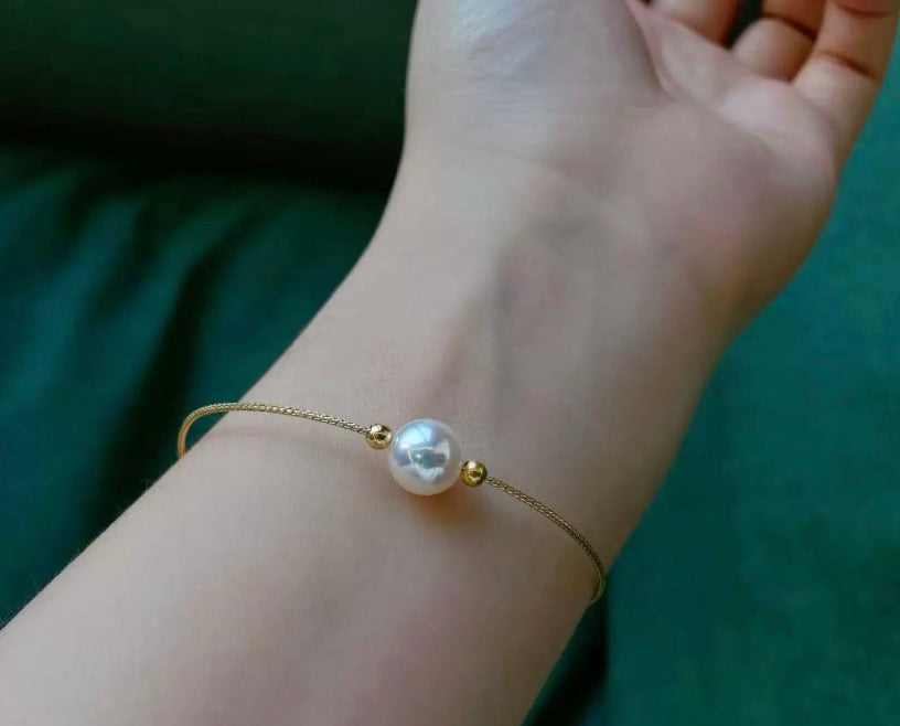 K18YG あこや真珠 天女 ワイヤーブレスレット 弾力 バングル 18K アコヤ イエローゴールド スライド式アジャスター 一粒