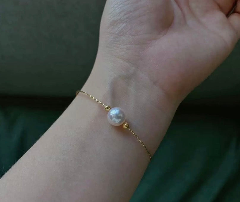 K18YG あこや真珠 天女 ワイヤーブレスレット 弾力 バングル 18K アコヤ イエローゴールド スライド式アジャスター 一粒