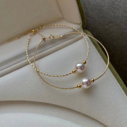 K18YG あこや真珠 天女 ワイヤーブレスレット 弾力 バングル 18K アコヤ イエローゴールド スライド式アジャスター 一粒