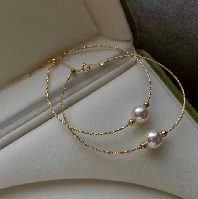 K18YG あこや真珠 天女 ワイヤーブレスレット 弾力 バングル 18K アコヤ イエローゴールド スライド式アジャスター 一粒