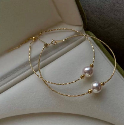 K18YG あこや真珠 天女 ワイヤーブレスレット 弾力 バングル 18K アコヤ イエローゴールド スライド式アジャスター 一粒