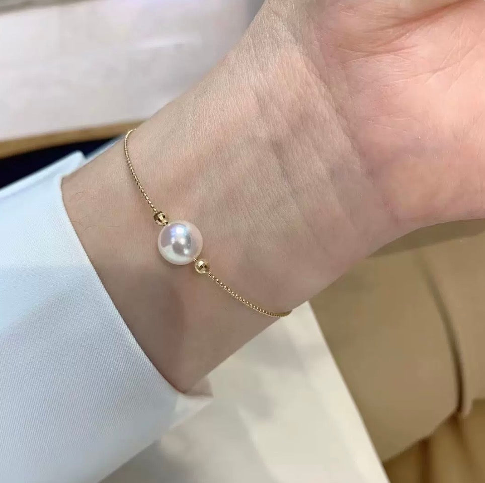 K18YG あこや真珠 天女 ワイヤーブレスレット 弾力 バングル 18K アコヤ イエローゴールド スライド式アジャスター 一粒