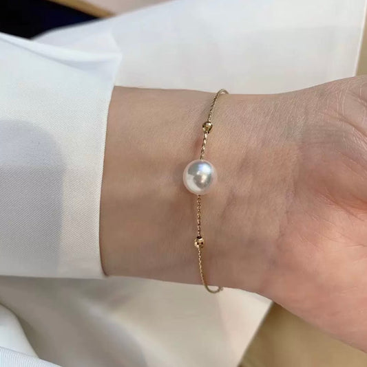 K18YG あこや真珠 天女 ワイヤーブレスレット 弾力 バングル 18K アコヤ イエローゴールド スライド式アジャスター 一粒
