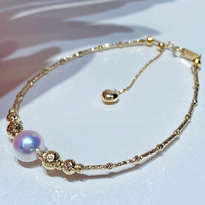 K18YG あこや真珠 ワイヤーブレスレット 弾力 バングル 18K アコヤ イエローゴールド スライド式アジャスター ハートチャーム パール