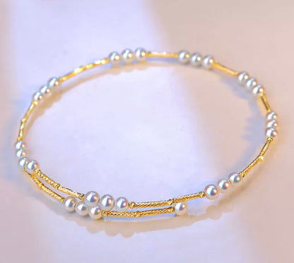K18YG あこや真珠 ステーション バングル 3連 18K アコヤ イエローゴールド ブレスレット オープンバングル 弾力 ワイヤー ベビーパール