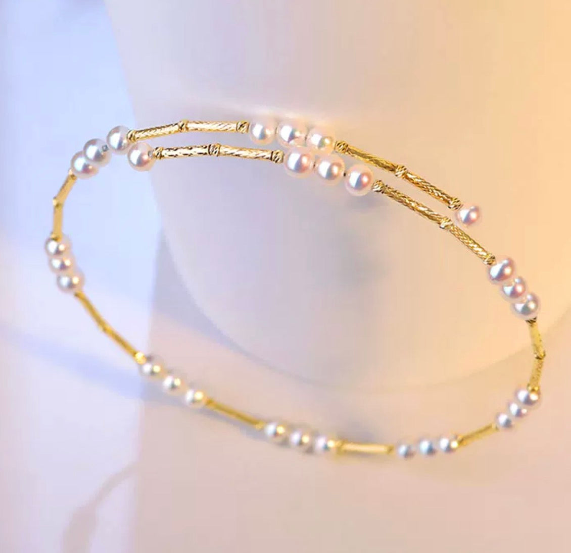 K18YG あこや真珠 ステーション バングル 3連 18K アコヤ イエローゴールド ブレスレット オープンバングル 弾力 ワイヤー ベビーパール