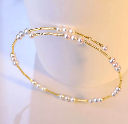 K18YG あこや真珠 ステーション バングル 3連 18K アコヤ イエローゴールド ブレスレット オープンバングル 弾力 ワイヤー ベビーパール