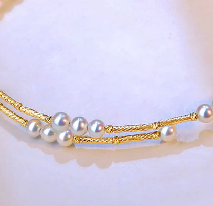 K18YG あこや真珠 ステーション バングル 3連 18K アコヤ イエローゴールド ブレスレット オープンバングル 弾力 ワイヤー ベビーパール