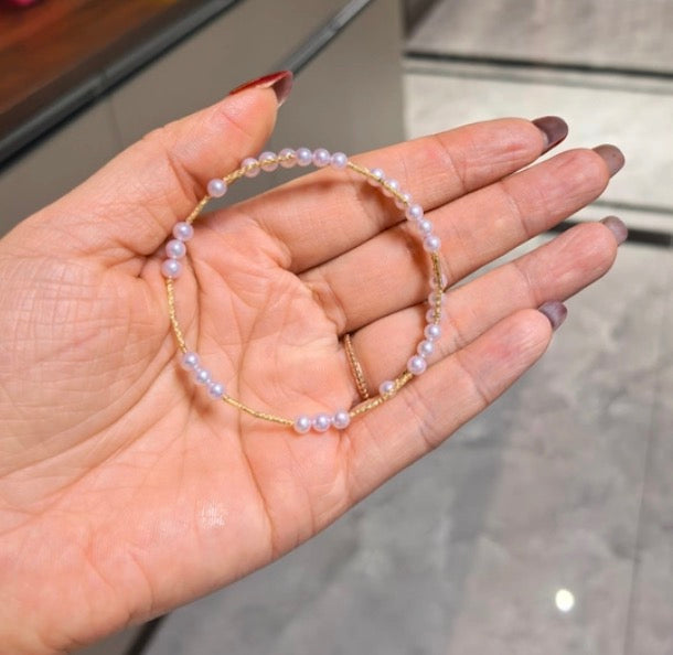 K18YG あこや真珠 ステーション バングル 3連 18K アコヤ イエローゴールド ブレスレット オープンバングル 弾力 ワイヤー ベビーパール