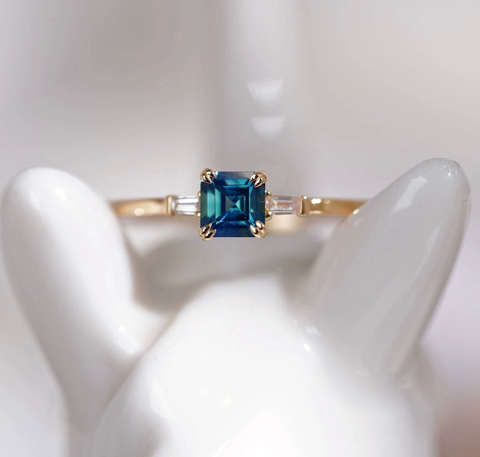 K18YG 天然 グリーンサファイア リング ダイヤモンド 指輪 18K 18金 イエローゴールド スクエアカット