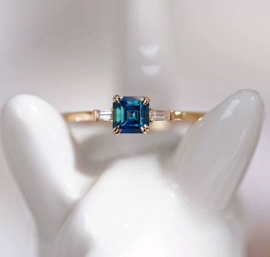 K18YG 天然 グリーンサファイア リング ダイヤモンド 指輪 18K 18金 イエローゴールド スクエアカット