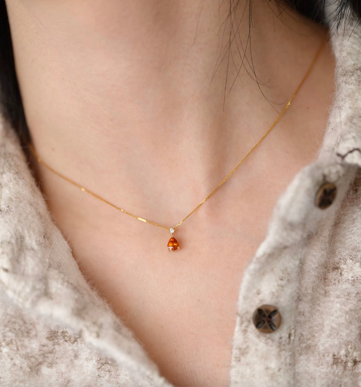 K18YG オレンジガーネット ペンダント ダイヤモンド 18K 18金 イエローゴールド ネックレスチャーム 雫 ティアドロップ
