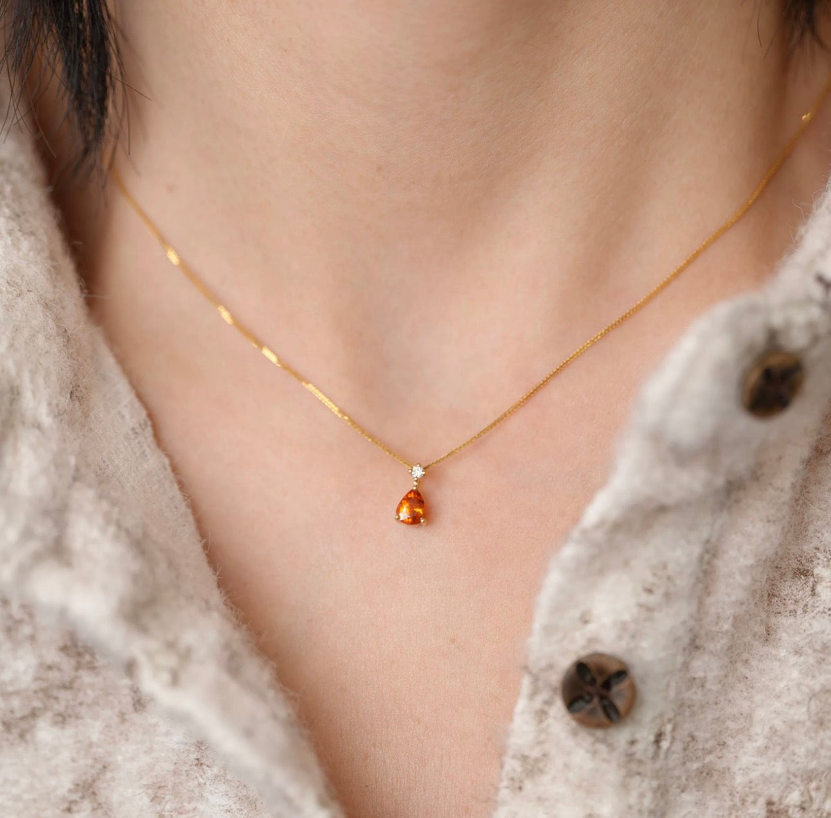 K18YG オレンジガーネット ペンダント ダイヤモンド 18K 18金 イエローゴールド ネックレスチャーム 雫 ティアドロップ