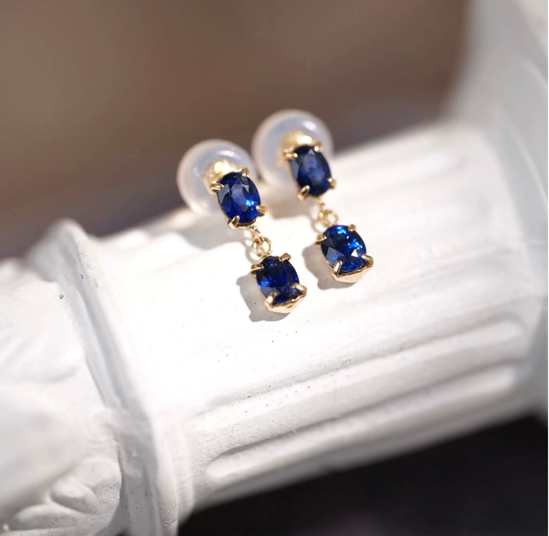 K18YG 天然 サファイア チェーンピアス オーバル 18K ファセットカット 揺れる イエローゴールド ブルーサファイア