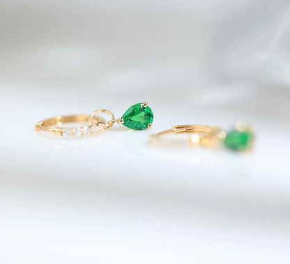 K18YG 天然ツァボライト 2way リングピアス ダイヤモンド ティアドロップ フープ メレダイヤ イエローゴールド 18k グリーン 緑 揺れる