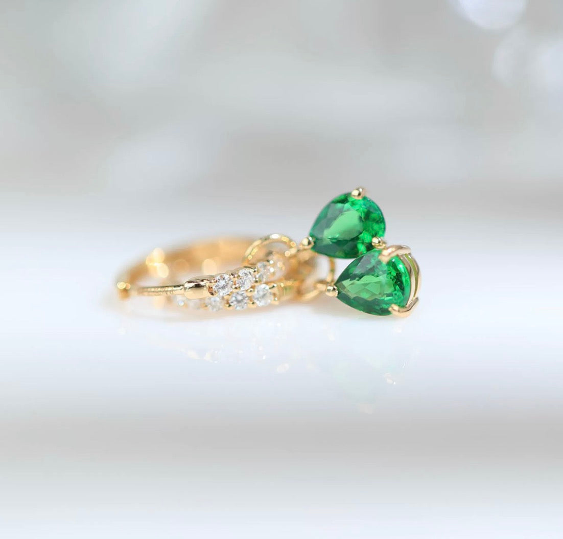 K18YG 天然ツァボライト 2way リングピアス ダイヤモンド ティアドロップ フープ メレダイヤ イエローゴールド 18k グリーン 緑 揺れる