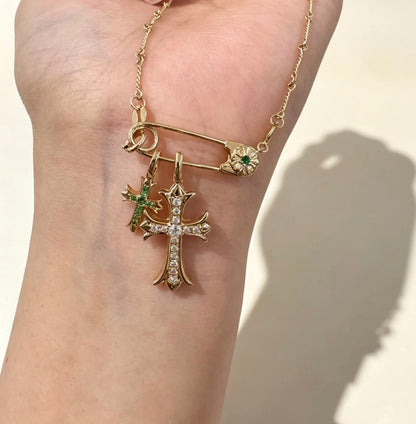 K18YG ダイヤモンド エメラルド 花 ブローチ ペンダント au750 安全ピン チャーム留め 18K ヒキワ イエローゴールド 繋ぎ 引き輪 チャーム