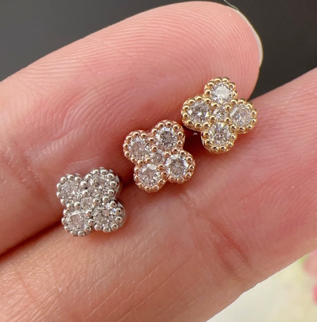 K18YG WG PG クローバー ピアス 18k ダイヤモンド 四ツ葉 花