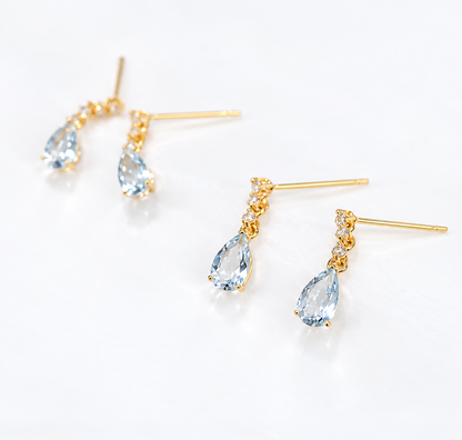 K18YG アクアマリン ダイヤモンド ティアドロップ 雫 揺れるスタッドピアス ミニ 小ぶり 18k