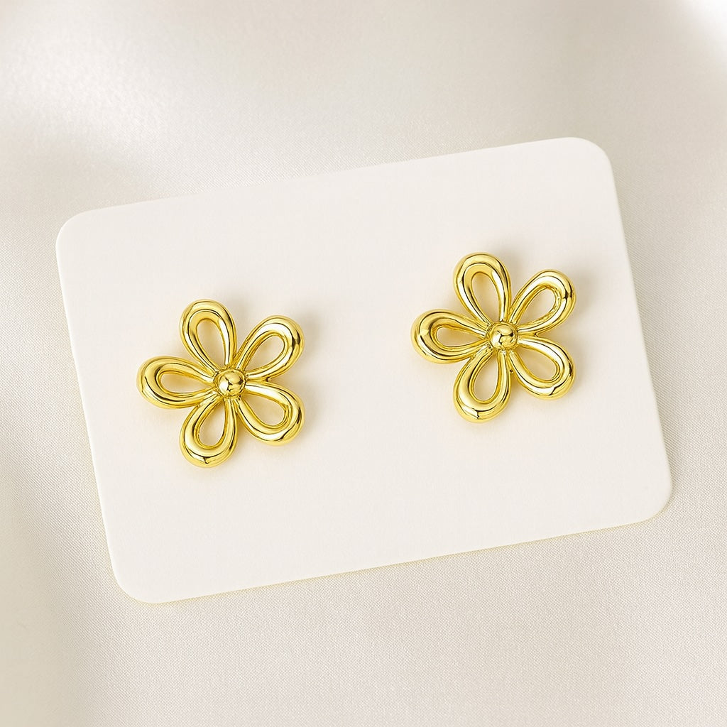 18k gold jewelry hollow floral studs large
