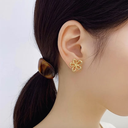 18k gold jewelry hollow floral studs large