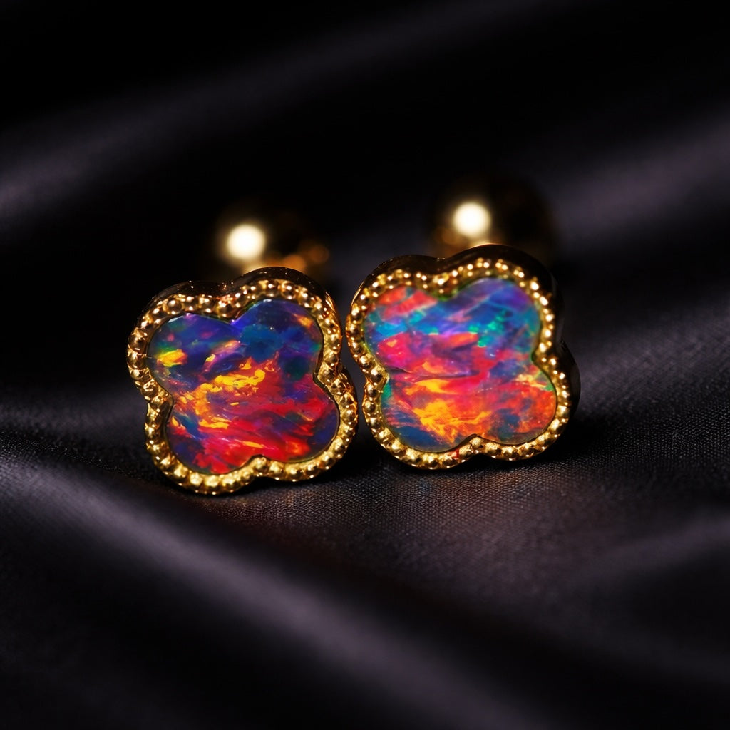 18k gold black opal studs clover earrings