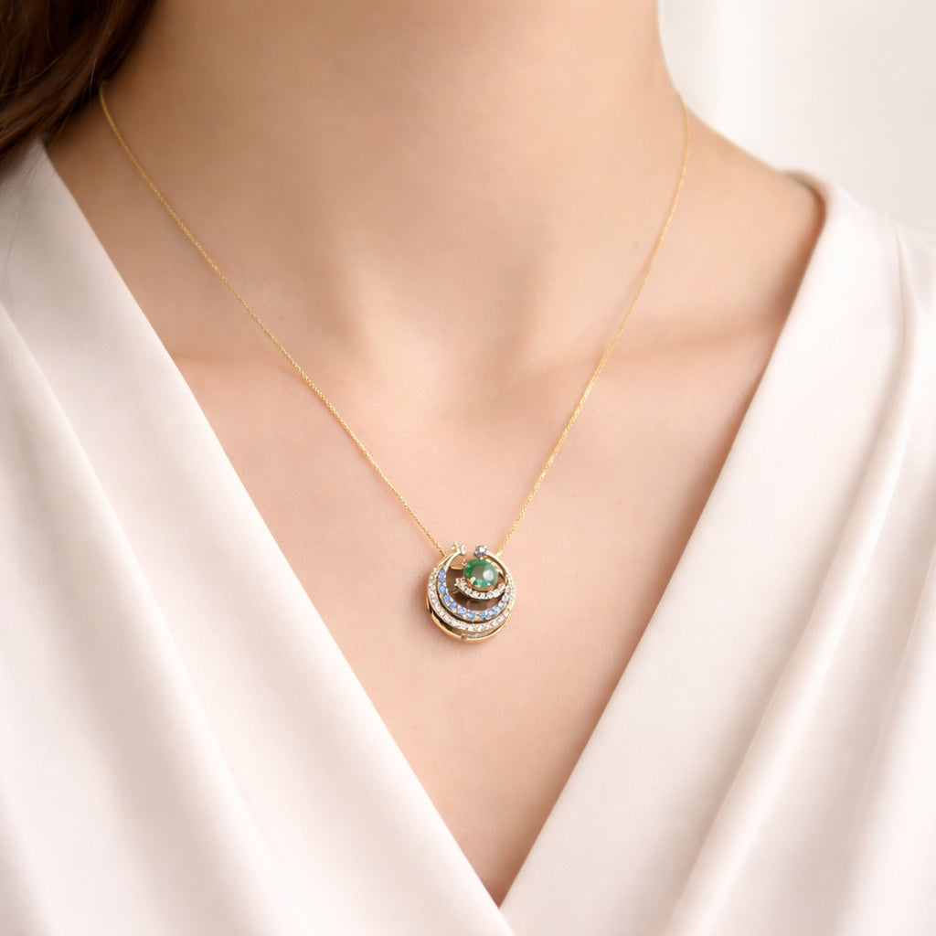 K18YG ペンダント ツァボライト ダイヤモンド エメラルド ネックレスジュエリー  18K ムーン 月 ラウンド 星 大ぶり