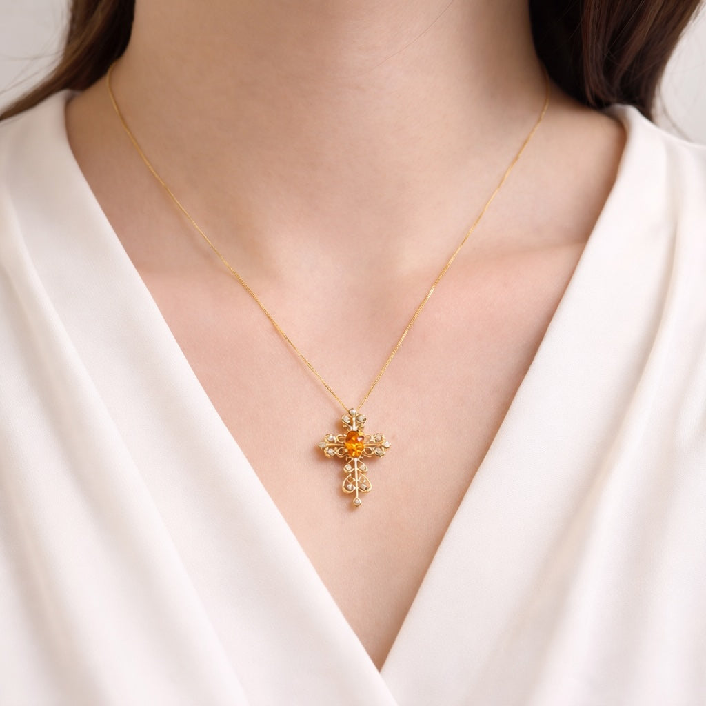 K18YG オレンジガーネット 十字架 ペンダント ダイヤモンド ネックレス チャーム レース 18K 天然スペサルティン クロス