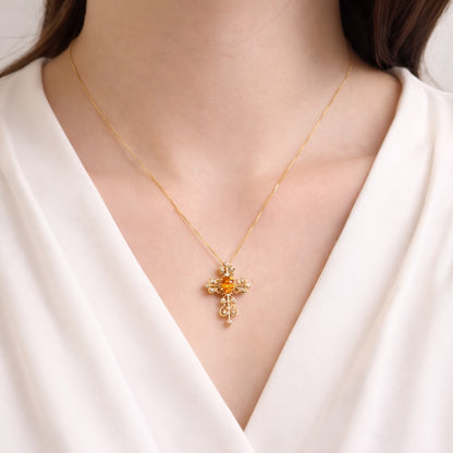 K18YG オレンジガーネット 十字架 ペンダント ダイヤモンド ネックレス チャーム レース 18K 天然スペサルティン クロス