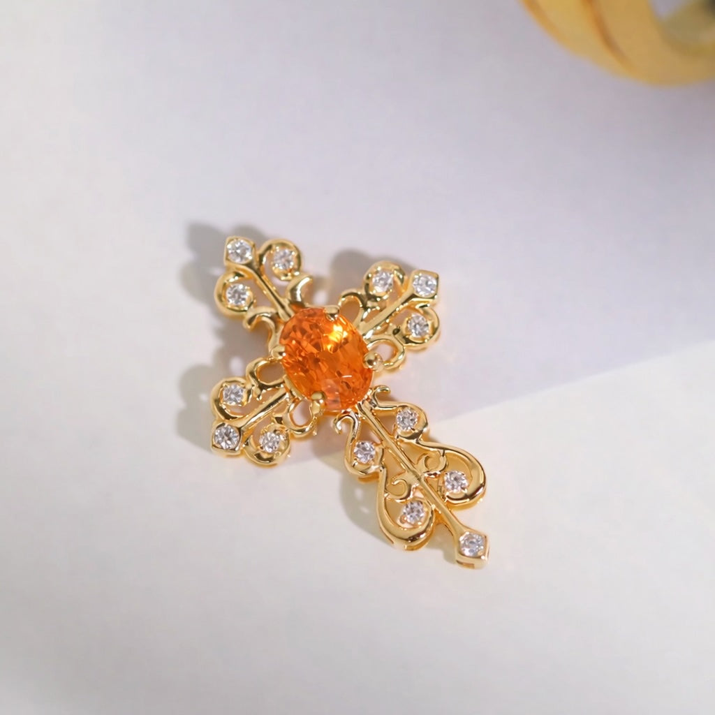 K18YG オレンジガーネット 十字架 ペンダント ダイヤモンド ネックレス チャーム レース 18K 天然スペサルティン クロス