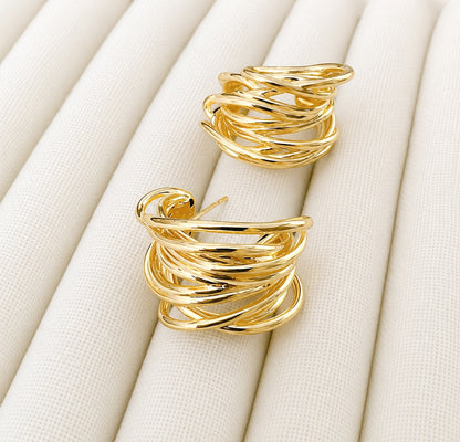 K18YG マルチライン スタッドピアス イエローゴールド 18K 18金 メッシュ 中空ピアス イタリアンジュエリー 多重ライン ラップドワイヤー
