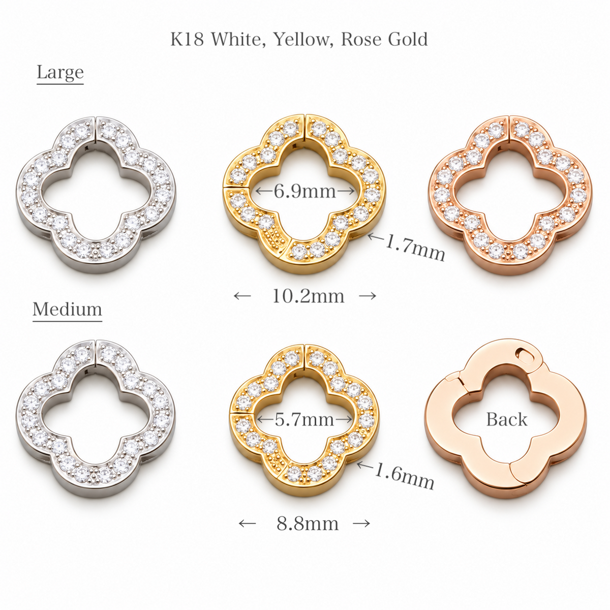 K18YG WG PG クローバー 四ツ葉 18K ダイヤモンドチャーム ネックレスパーツ 留め具 留め金具 クラスプ コマ パーツ ロック付き