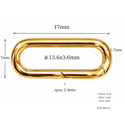 K18YG WG PG オーバル パーツ【L:17mm】クラスプ チャーム プッシュ式 バネ開閉 スナップ チェーンパーツ バチカン 繋ぎ コマ 大きめ 開口 長方形 18K