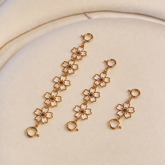 18K Yellow Gold Chain Clasp, Flower, Cherry Blossom, Plum Blossom, Chain Parts, Necklace Parts, Charm, Double Opening, Link, Flower Motif, 1.8cm / 3.8cm / 5.8cm, Extendable