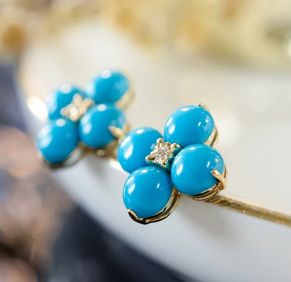 K18YG ターコイズ カボション 四ツ葉 クローバー 18K イエローゴールド 花 ダイヤモンド トルコ石 ペンダント ネックレス ピアス