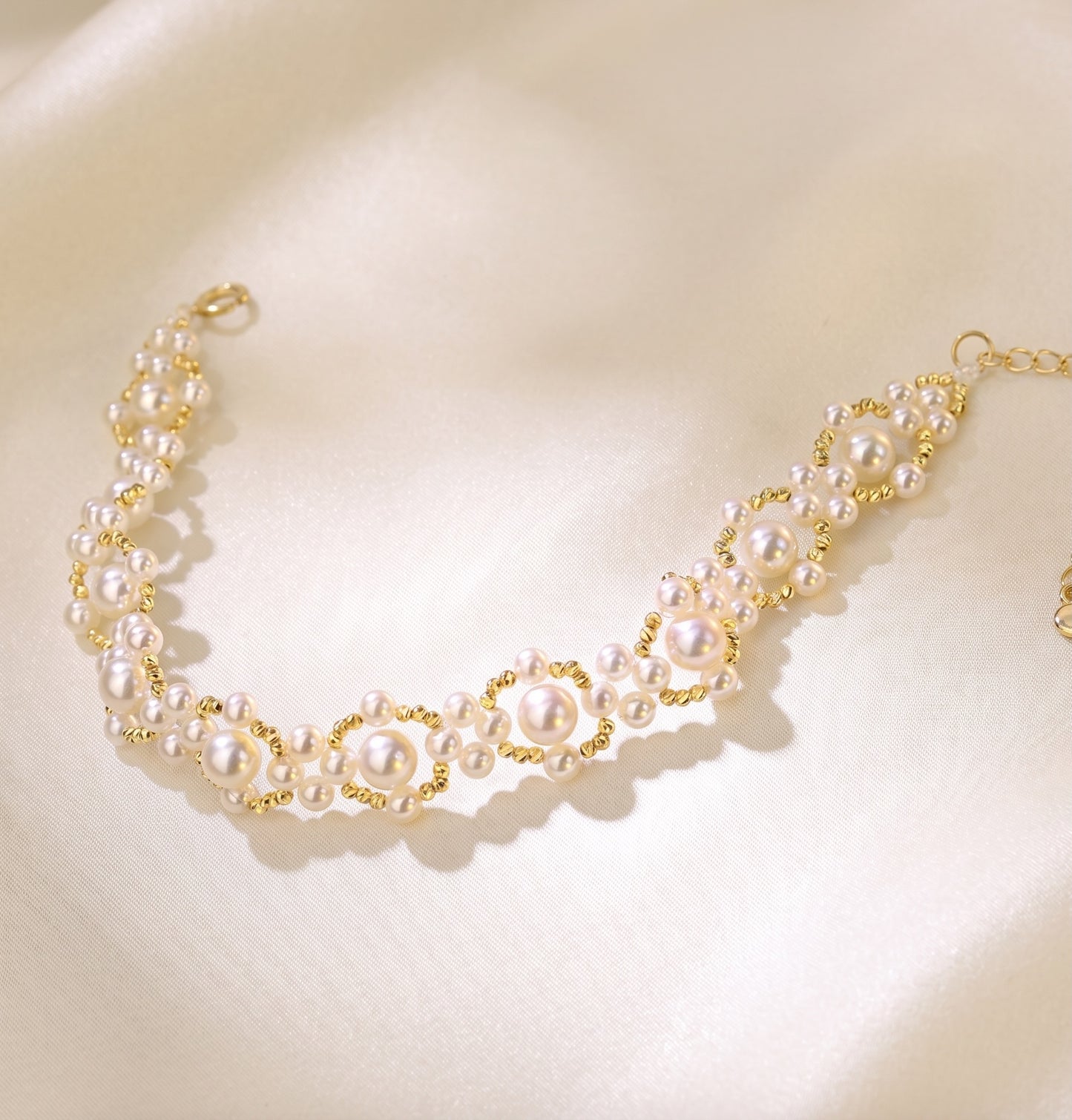 K18YG あこや真珠 ブレスレット 18K レース 編み ワイヤー アコヤ真珠 インフィニティ パール 弾力 オーバル カットボール