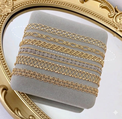 K18YG ブレスレット レースチェーン ダイヤモンドカット 編み込み 18k スライド式アジャスターチェーン ボールチェーン カットボール