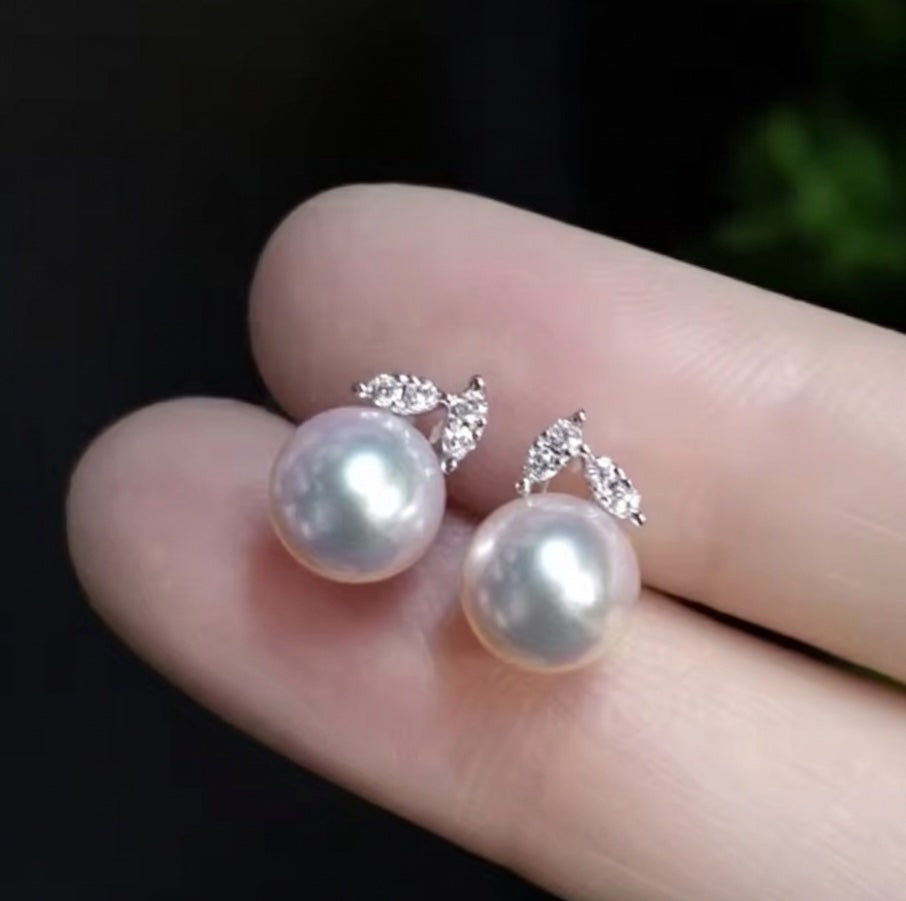 K18YG WG あこや真珠 ピアス ダイヤモンド リーフ 18K アコヤ真珠 パール シンプル